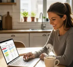 A smiling mom sits on a couch, using a financial app on her phone while her child plays nearby.