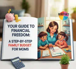 A smiling mom sits at a kitchen table, looking at a laptop with a budget spreadsheet, a cup of coffee nearby.