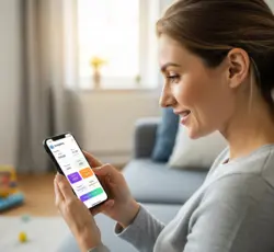 A young mom smiling while using a budgeting app on her phone.